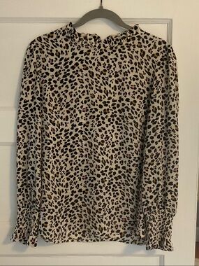 Leopard Print Ruffle Neck Women's Blouse - Cream/Black/Pink